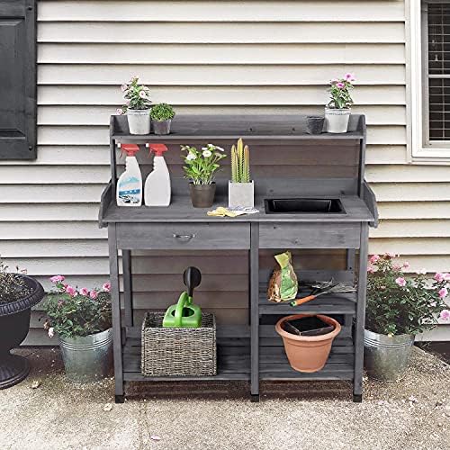 Topeakmart Outdoor Potting Bench with Sink for Patio, Garden Table, Gray