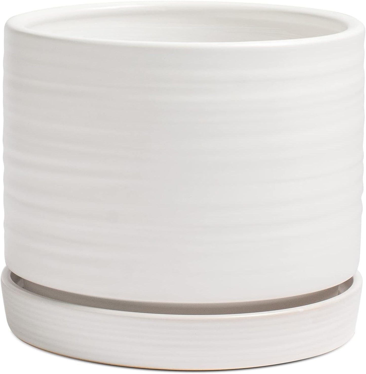 8 Inch Pots for Plants, Ceramic Planter Pot with Drainage Hole & Saucer, Indoor/Outdoor Cylinder Round Planter Pot, Matte White