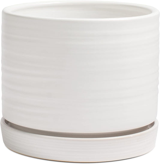 8 Inch Pots for Plants, Ceramic Planter Pot with Drainage Hole & Saucer, Indoor/Outdoor Cylinder Round Planter Pot, Matte White