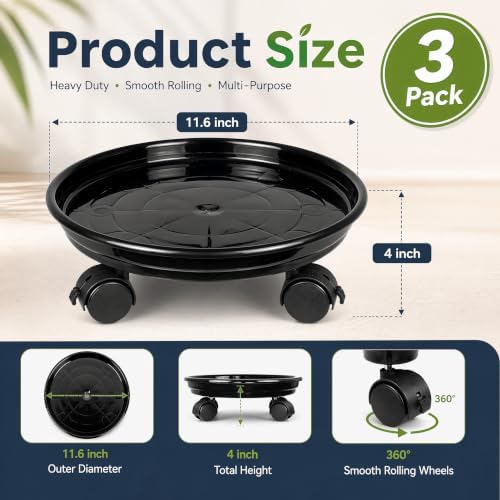 Fasmov 3 Pcs Plant Pallet Caddy Plant Stand Round Flower Pot Mover, Plant Pot Pallet Dolly Caster with Universal Wheels (Black)