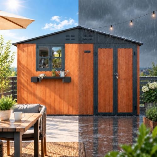 10x8 FT Outdoor Storage Shed with 2 Openable Windows, Wood-Grain Metal Garden Shed with Flower Racks & Baskets, Outside Tool Shed with Lockable Doors, Waterproof Storage Building for Backyard, Cedar