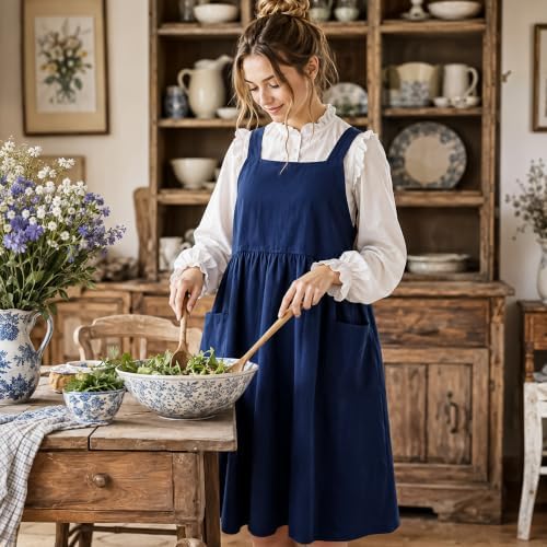 Cotton Linen Apron Cross Back Apron for Women with Pockets Pinafore Dress