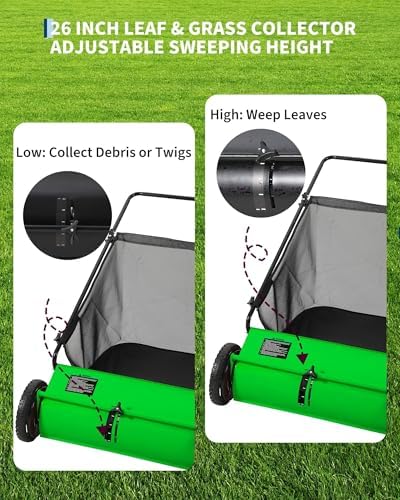 26-Inch Lawn Sweeper, 198L Extra-Large Collection Bag, 4 High-Speed Rotating Brushes, Adjustable Height Settings, Easy Leaf, Grass & Debris Cleanup for Lawns, Driveways, Patios & Artificial Turf