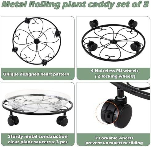 3 Packs 13 inches Large Metal Plant Caddy with Wheels Round Planter Dolly Pot Mover Rollers Wrought Iron Rolling Plant Stands Indoor Outdoor Wheeled Plant Holder Coaster Trolley, Black