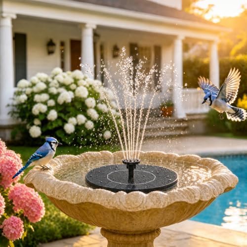 Solar Fountain, 1.5W Solar Bird Bath Fountains Pump Floating Solar Powered Water Fountain with 6 Nozzles and Fixer, Solar Fountain for Bird Bath, Outdoors, Garden, Pond, Pool