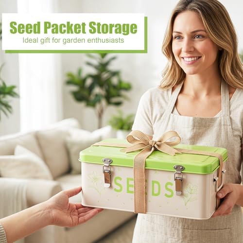 Seed Storage Organizer Box – Large Metal Seed Box with Dividers, 50 Envelopes, 100 Plant Labels, 50 Clips & Marker Pen | Seed Packet Container for Garden