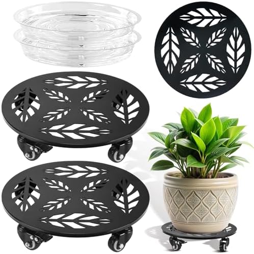 Planterhoma 2 Packs 12 Inch Rolling Plant Stand with Wheels Metal Plant Caddy with Wheels Heavy Duty Plant Rollers with Metal Wheels Round Wrought Iron Plant Stand with Clear Saucers, Glossy Black