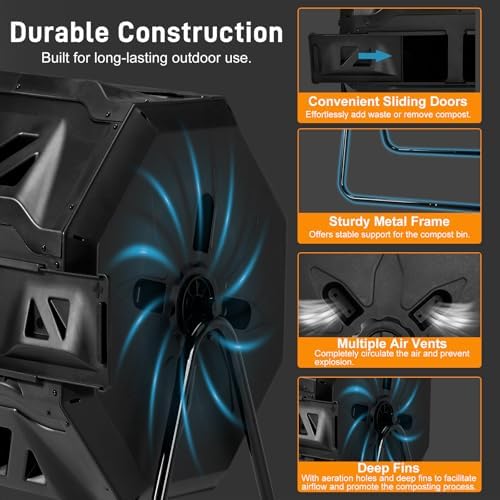 Large Composting Tumbler, Dual Chamber, 42 Gallon, Black