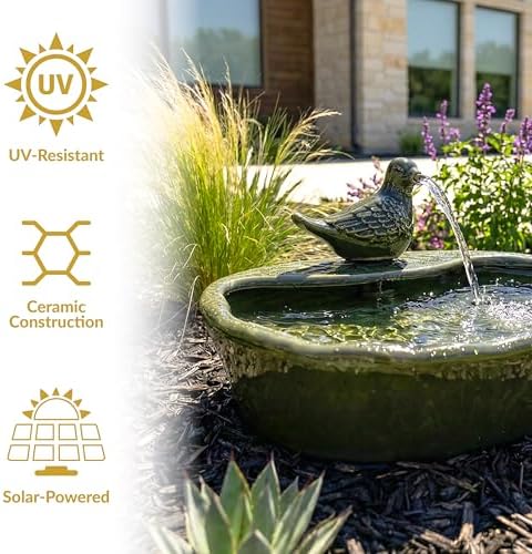 Sunnydaze 7" Ceramic Solar Powered Garden Water Fountain, Dove Spout, Green