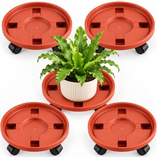 Rolling Plant Stand Outdoor 5 Pack 12 Inch Plant Caddy with Wheels, Red