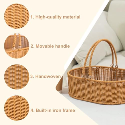 YRMT Small Rattan Basket with Handles, Handwoven Wicker Basket for Garden Harvest, Fruit Picking, Gift Basket, Storage Organizing 13"x9"x4.5" (Rattan)