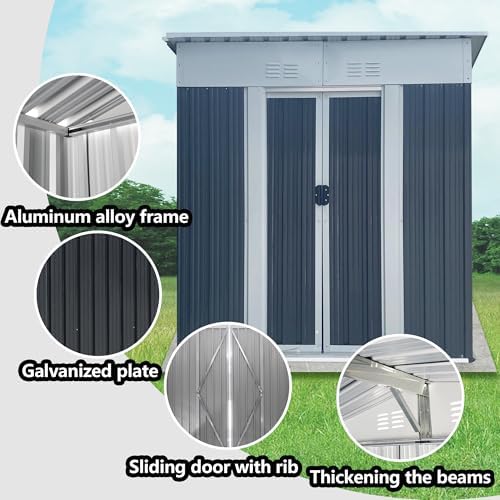 5 x 3 FT Outdoor Storage Shed, Metal Garden Shed with Aluminum Alloy Frame, Tool Shed Outdoor Storage with Lockable Sliding Doors & Vents, Small Storage House Waterproof for Backyard, Lawn, Gray