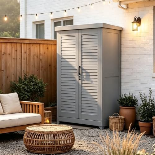 Outdoor Storage Shed with Lockable Doors, Large Tool Storage Shed, Gray