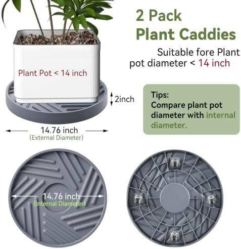 2 Pcs Plant Caddy with Hidden Wheels 14.76 Inch Heavy Duty Rolling Plant Stand, Indoor Outdoor Plant Saucer Tray with $9.9 Garden Tools (Gray)
