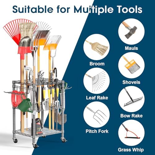 T1 Garden Tool Organizer（with Lockable Wheels） Heavy Duty Garage Tool Storage for Yard，Shed，Outdoor and Lawn，Freestanding Tool Organizers and Storage UP to 50 Tools，Grey with Anti-Tip Device
