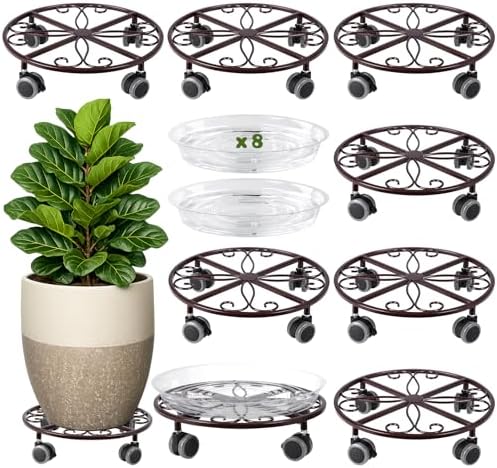 8 Pack Plant Caddy with Wheels & Saucers, Heavy Duty 13.5 Inch Metal Plant Stand with Wheels, Plant Dolly Rolling Plant Stand Plant Roller with Casters for Indoor and Outdoor, Bronze
