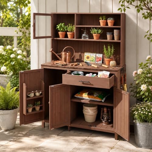 Potting Bench with Hutch, Solid Fir Wood Garden Workstation