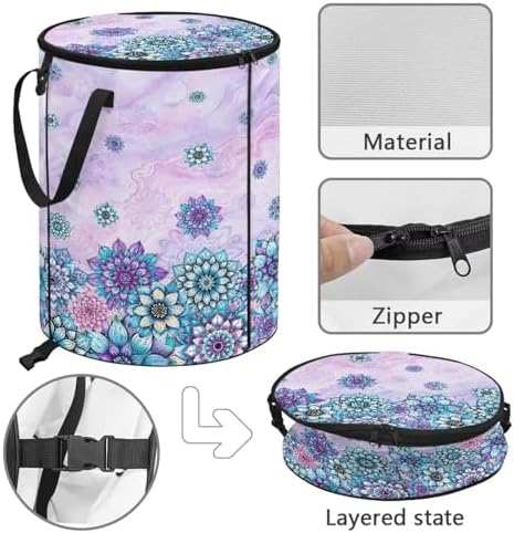 Outdoor Camping Collapsible Trash Can - Purple Boho Flowers Blossom 24 Gallon Large Capacity Garden Leaf Bin Reusable Foldable Yard Waster Bag with Lid and Handles