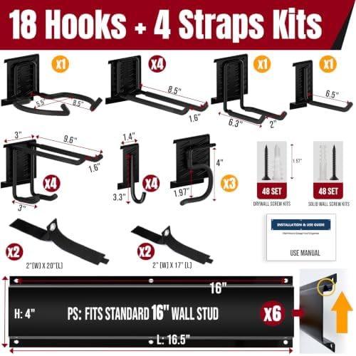 99" Garage Tool Organizer Wall Mount, 28 Pack Heavy Duty Wall Mount Garage Storage Rack Carries1000 lbs, Metal Wall Mount Tool Hanger for Shovels, Rakes, Fits 16" Wall Studs (6 Panels)
