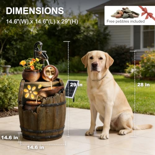 29" H Solar Water Fountain Outdoor, Rustic Barrel Cascading Fountain with Antique Pump, Built-in Planter & Warm LED Lights for Garden, Patio and Backyard