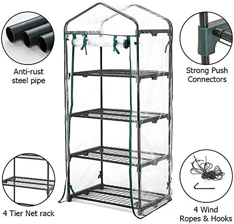 Greenhouse 4 Tier Mini Greenhouse 63x28x20 in Portable Garden Green House, with Zippered PVC Cover, Metal Shelves for Garden Yard Patio Indoor Outdoor, Extra Hooks Wind Ropes 8 Net Rack Buckles