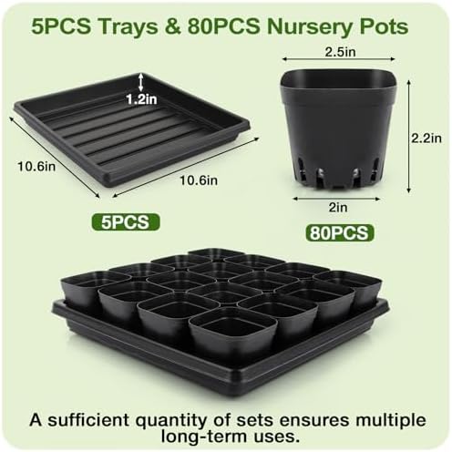 80Pcs 2.5inch Square Nursery Pots with 5Pcs Seed Starting Trays, Seed Starter Tray Kit, Seeds Starting Germination, Seeding Pots with Drain Holes, Small Plant Nursery Propagation