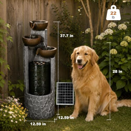 37.7" Solar Outdoor Water Fountain with LED Lights 4Tier Waterfall Fountain
