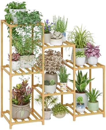 Bamworld Bamboo Plant Stand Indoor Boho Plant Shelf Tiered Plant Rack