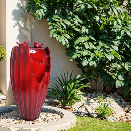 Red Fountain with LED Lights, 20" H Resin Vase Outdoor Freestanding Fountain with Adjustable Water Pump, Outside Garden & Backyard Decking Décor