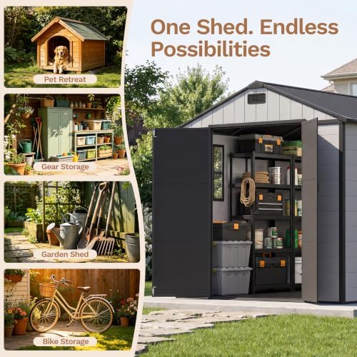 JUMMICO 8 x 8 FT Resin Storage Shed with Floor, Outdoor Large Sheds