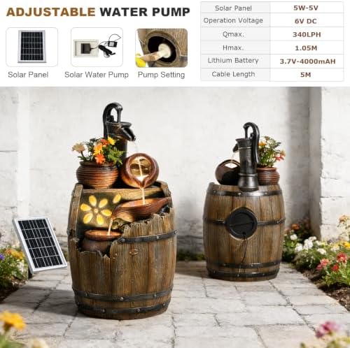 29" H Solar Water Fountain Outdoor, Rustic Barrel Cascading Fountain with Antique Pump, Built-in Planter & Warm LED Lights for Garden, Patio and Backyard