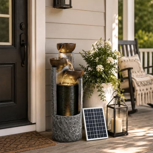 37.7" Solar Outdoor Water Fountain with LED Lights 4Tier Waterfall Fountain