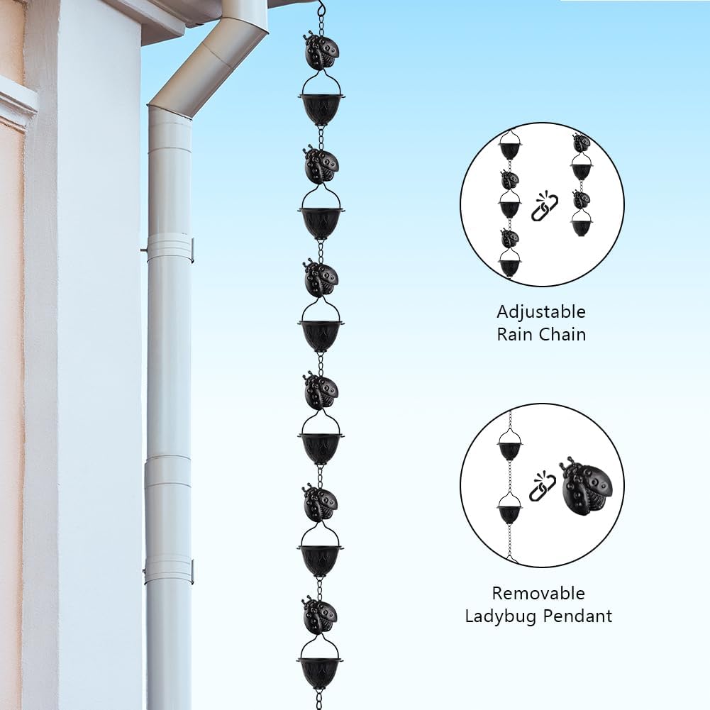 9.2 FT Rain Chain, Black Rain Gutter Chains with 12 Cups & Detachable Ladybugs Decor, Adjustable Rain Catcher Chain for Outddor Decor, Replacement for Downspout