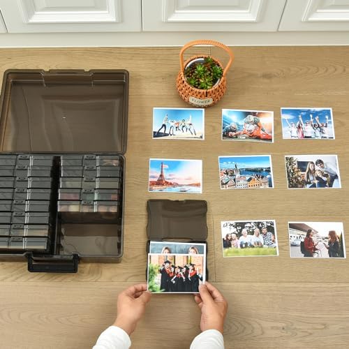 Photo Storage Box with 16 Inner 4" x 6" Photo Case, Portable Storage Organizer with Handle Craft Keeper for Picture, Stickers, Stamps, Screws, Hair Clips, Black