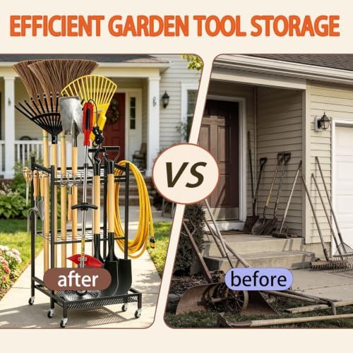 Garden Tool Organizer Rack with Wheels Up to 35 Tools | Heavy Duty Steel Yard Tool Organizer for Garage Storage with 11 Hooks, Broom Holder & Garden Tool Rack for Shed, Patio, Lawn, Outdoor, Black