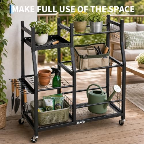 3-Tier Garden Tool Organizer with Wheels, Heavy-Duty Steel Garage Rack