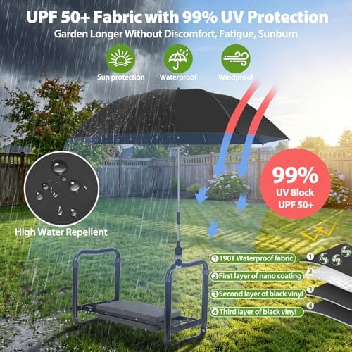 Garden Kneeler Umbrella, 42” Large Clip on Umbrella with Metal Clamp,UPF50+ Sun Protection,360°Swivel,Folding Garden Umbrellas for Garden Bench Kneeler Seat,Outdoor Gardening Shade