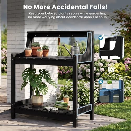HDPE Outdoor Potting Bench, All-Weather Garden Potting Table with 3-Tier Storage Shelves, 43.3" Ergonomic Height Weatherproof Planting Workbench for Patio, Backyard and Garden, White (Black)