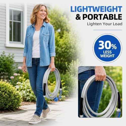 SPECILITE 5/8" 304 Stainless Steel Metal Garden Hose 50FT with Blue Nozzle