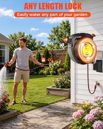 100FT Retractable Garden Hose Reel 1/2 Inch, Wall Mounted Heavy Duty Water Hose with Auto-Lock & 9-Pattern Nozzle, 180° Swivel, Slow Return System — UV Resistant Outdoor Storage