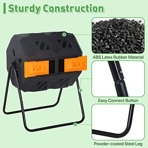 43 Gallon Outdoor Compost Bin Large Tumbling Composter Garden Dual Composting Bins with Dual Chamber Sliding Doors & Aeration System for Garden Patio, All Season Composter, Orange Door