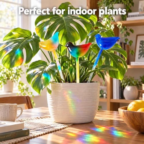 Glass Plant Watering Globes, 3 Pack Colorful Bird Self Watering Devices for Indoor & Outdoor Plants, Automatic Drip Irrigation Bulbs for Vacation, Cute Garden Decoration