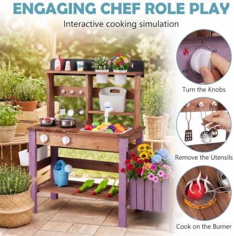 HONEY JOY Mud Kitchen with Planter Box and Running Water, Fir Wood Kids Potting Bench Mud Table, Water Tank & Gardening Tools Set, Sensory Outdoor Play Kitchen for Toddler Girls Boys(Purple)