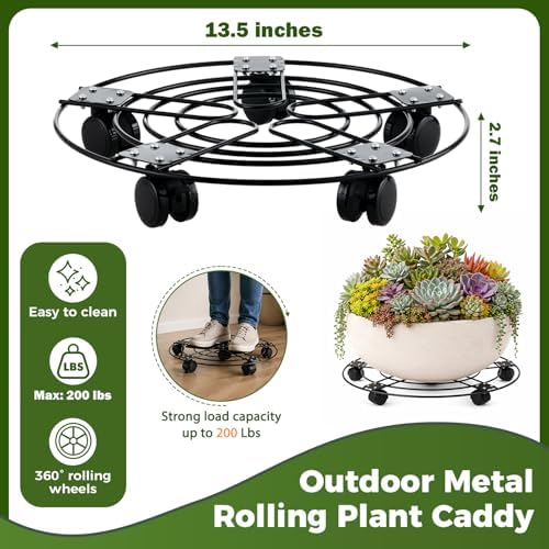 5 Packs 13.5" Large Metal Plant Caddy with Wheels Iron Rolling Plant Stands Heavy-duty Plant Roller Base Pot Movers Indoor Outdoor Plant Dolly with 5 Casters Plant Trolley Coaster Holder