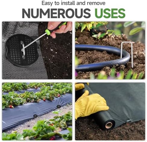 JELNER Garden Stakes,6 Inch 11 Gauge 200pcs Galvanized Landscape Staples and 200pcs Gaskets +1Pick Hook, Tent Stakes Landscaping Fabric SOD Pins for Weed Fabric Barrier,Groud Cover,Fence
