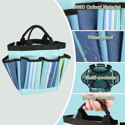 Garden Tool Bag Waterproof Gardening Hand Tool Storage Bag Heavy Duty Oxford Tote Organizer Bag with 8 Pockets, Garden Utensil Handbag for Women Men (Blue)