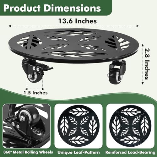Planterhoma 2 Packs 14 Inch Rolling Plant Stand with Wheels Metal Plant Caddy with Wheels Heavy Duty Plant Rollers with Metal Wheels Round Wrought Iron Plant Stand with Clear Saucers, Glossy Black