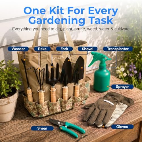 Scuddles 8-Piece Garden Tool Set with Carry Bag, Heavy Duty Garden Kit | Makes Every Gardening Task Easy for Men & Women | Shovel, Trowel, Rake, Hand Tools, Light 2.2 lbs & Easy Storage