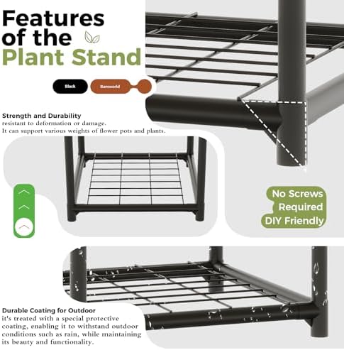 Bamworld Black Plant Stand Outdoor Metal Plant Shelf for Multiple Plants