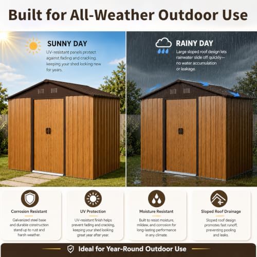 8 x 6 FT Outdoor Storage Shed, Metal Garden Shed with Floor Frame, Tool Shed Outdoor Storage with Lockable Sliding Doors & Air Vents, Storage House Waterproof for Backyard, Lawn, Coffee
